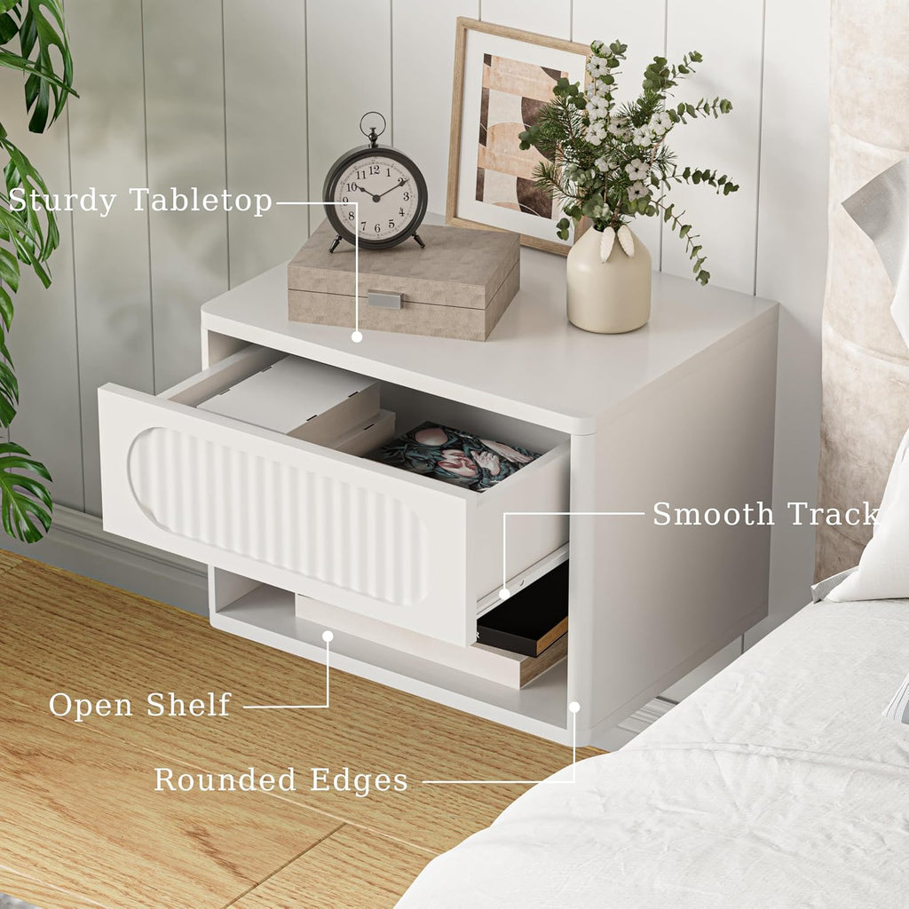 VDNEND Floating Nightstands with Drawer Set of 2, Modern Wall Mounted Bedside Tables for Bedroom, Space Saving Storage Cabinets, Easy Install Hanging Shelf Night Stands for Small Spaces (White)