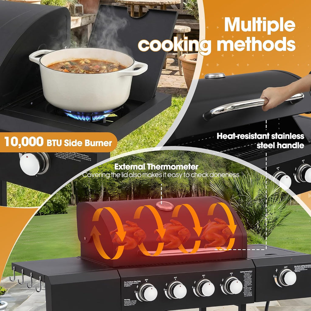 4-Burner Propane Gas BBQ Grill with Side Burner, 50,000 BTU Outdoor Portable Barbecue Grill w/Stainless Steel Grates, Side Table, Spice Rack & Wheels for Outdoor Cooking Patio Backyard Camping