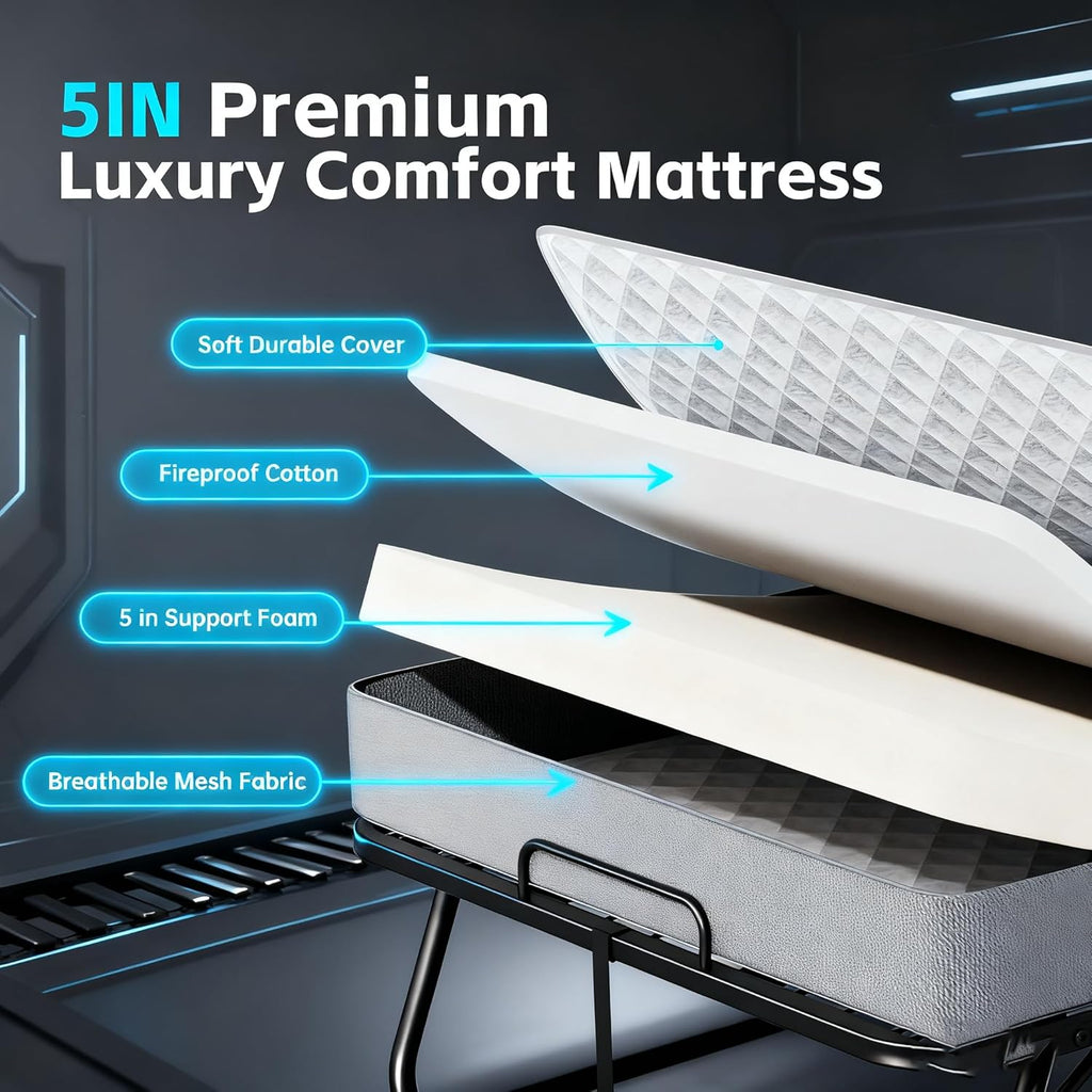 Pataku Folding Bed with Mattress, Twin Foldable Bed, Roll Away Beds for Adults, 75' x 38' Roll Away Portable Beds with 5' Mattress, Folded Frame for Small Apartment, Guest Room