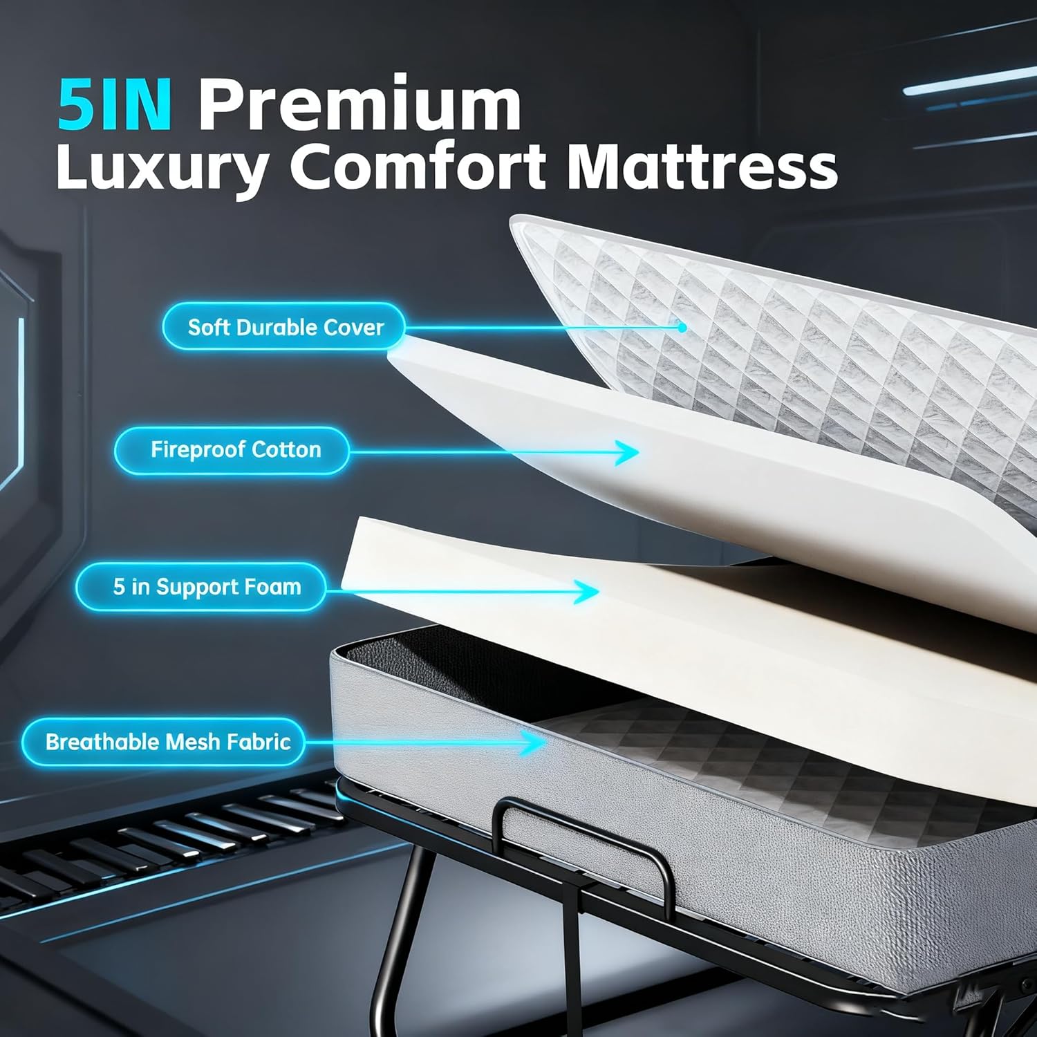 Pataku Folding Bed with Mattress, Twin Foldable Bed, Roll Away Beds for Adults, 75' x 38' Roll Away Portable Beds with 5' Mattress, Folded Frame for Small Apartment, Guest Room