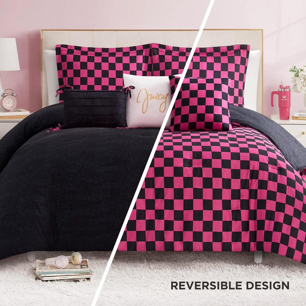 Juicy Couture Reversible Checkerboard Comforter Set 5-Piece Twin/Twin XL Set, Black/Hot Pink