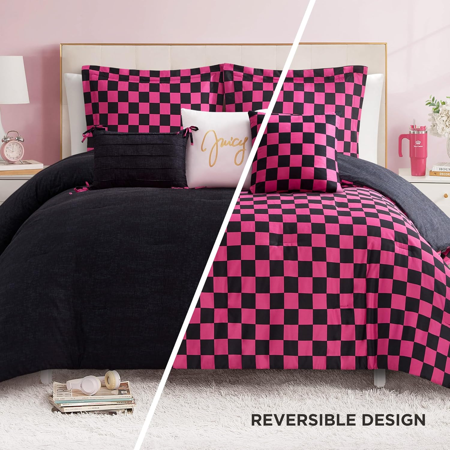 Juicy Couture Reversible Checkerboard Comforter Set 5-Piece Twin/Twin XL Set, Black/Hot Pink