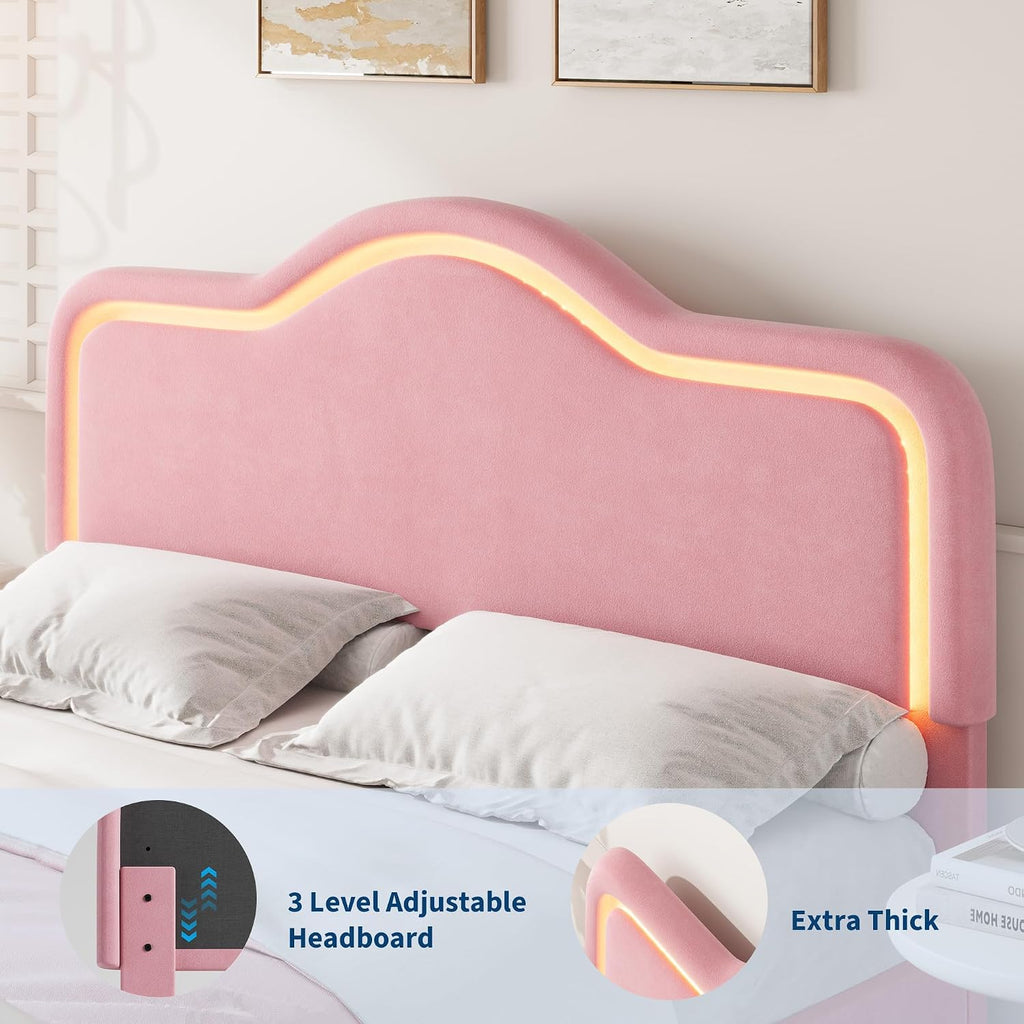 IDEALHOUSE Full Size Bed Frame with LED Lights, Velvet Upholstered Platform Bed with Adjustable Headboard for Kids/Girls, Wooden Slats Support, No Box Spring Needed, Pink
