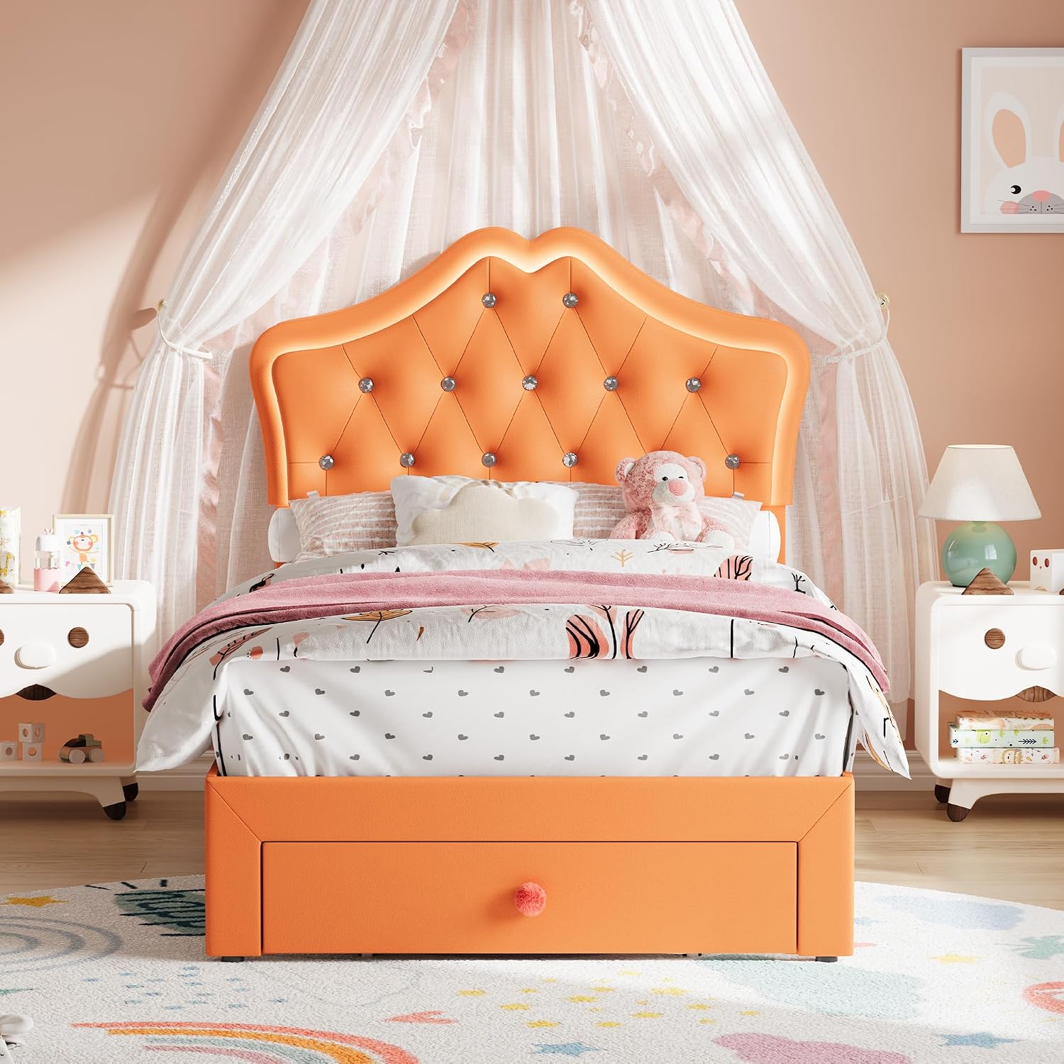 Garvee Twin Size Bed Frame with LED Lights & Velvet Crystal Button Headboard, Upholstered Boy/Girl Platform Bed with Storage Drawer, Noise Free, No Box Spring Needed for Kids, Teens, Orange