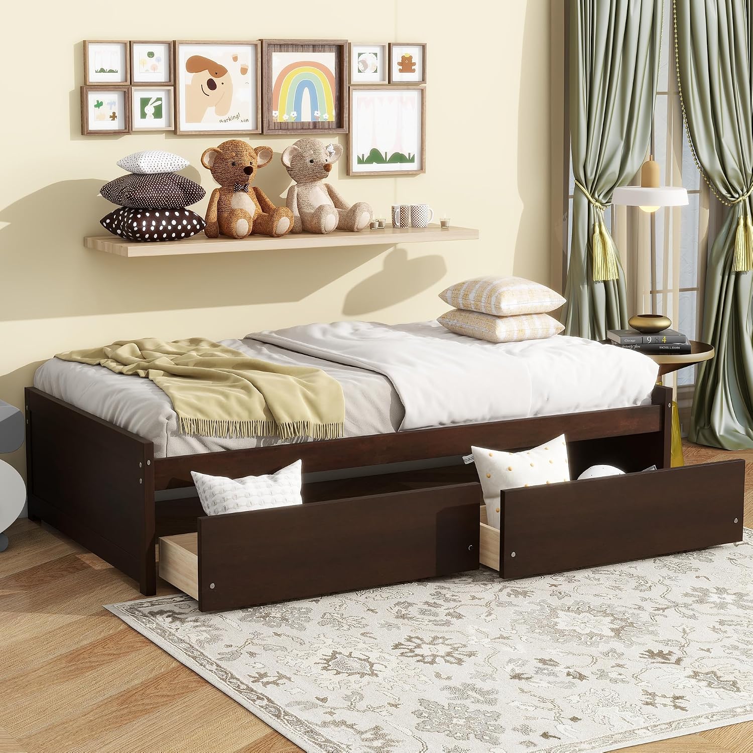 Bellemave Twin Kids Bed with Storage 2 Drawers, Wood Twin Daybed with Storage, BedFrames for Kids, Adults, Espresso
