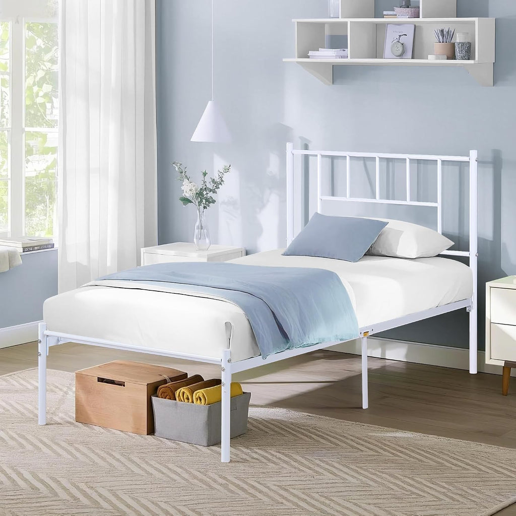 VECELO Twin Metal Platform Bed Frame with Headboard, Heavy Duty Steel Slats, No Box Spring Needed,Easy Assembly, Modern Minimalist Design, 2 PCS