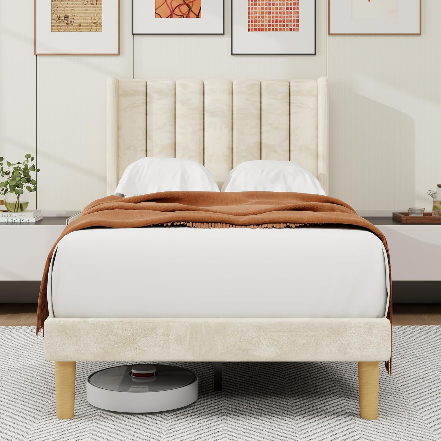 alazyhome Platform Bed Frame Twin Size with Upholstered Headboard, Solid Wood Slats Support, No Box Spring Needed, Noise Free, Easy Assembly, Modern Velvet Bed, Beige