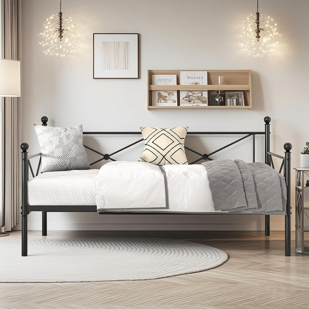 VECELO Twin Daybed Frame, Metal Day Bed with Stylish Headboard, Multifunctional Platform Beds for Bedroom, Living Room, Guest Room, No Boxing Spring Needed, Black