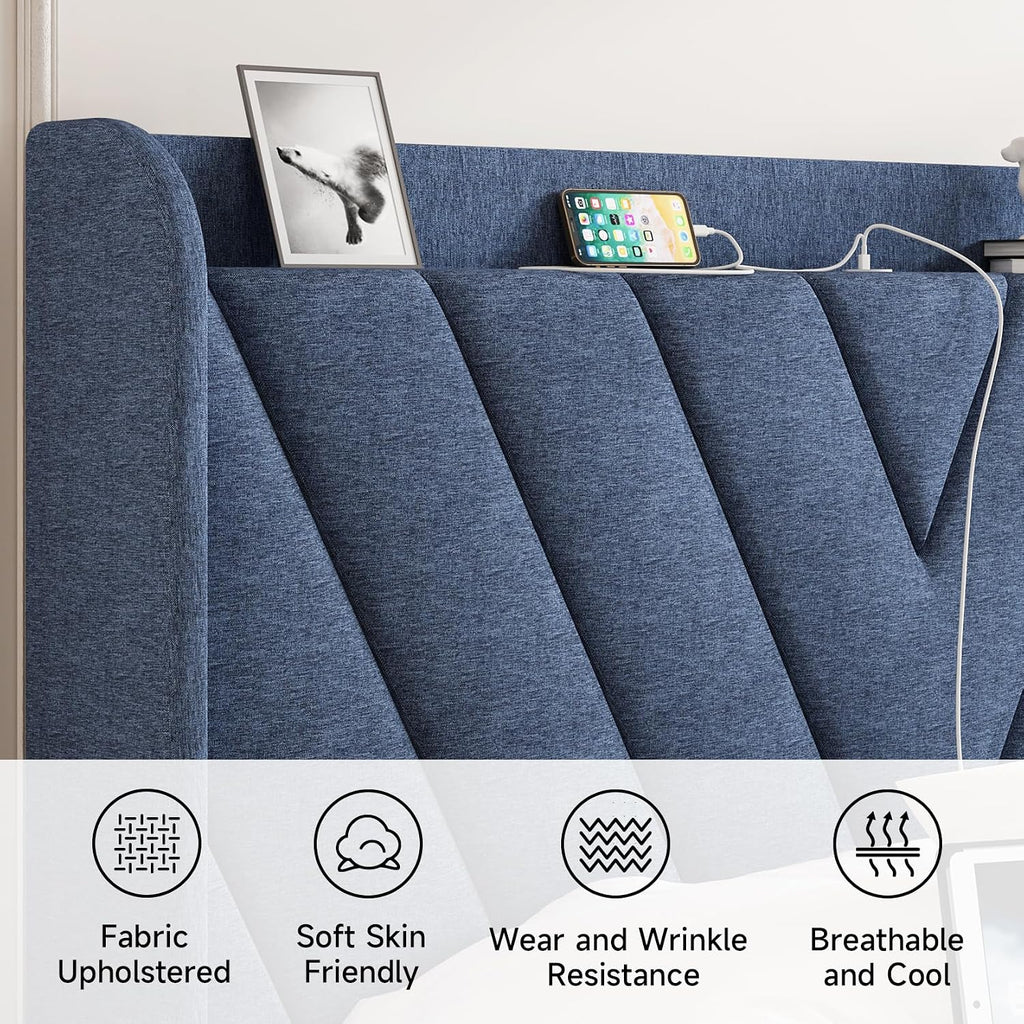 koorlian Queen Bed Frame with Headboard, Adjustable Upholstered Platform Bed Frame with Type-C&USB Ports, Wingback Storage Headboard, Solid Wood Slats Support, No Box Spring Needed, Dark Blue