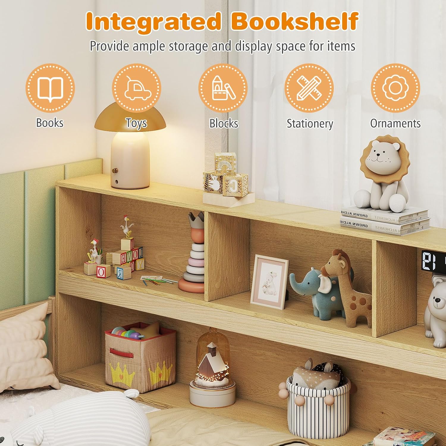 Giantex Full Size Floor Bed for Kids, Wooden Montessori Bed Frame with Bookcase, Storage Shelves & Safety Fence Rails, Floor Beds Full for Girls, Boys, No Box Spring Needed, Without Slats, Natural