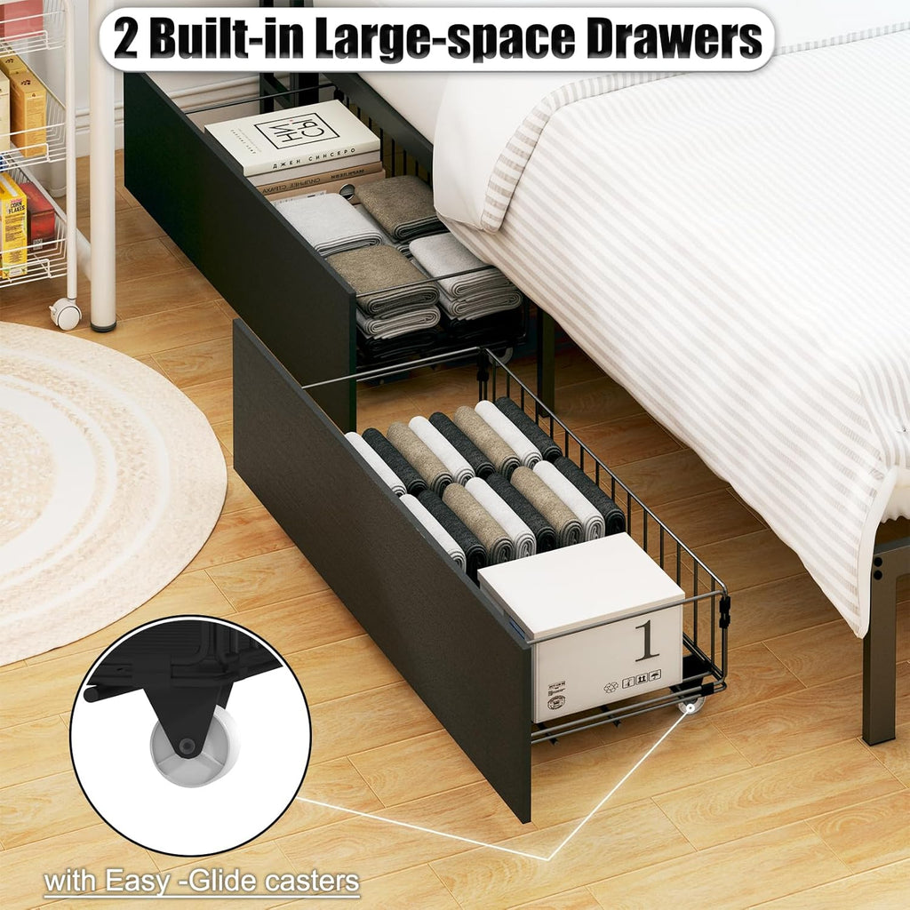 Bellemave Twin Corner Bed Frame with Storage, Twin Size Captains Bed with Charging Station and LED Light, Wood Daybeds with L-Shaped Bookcase and 2 Drawers, Black