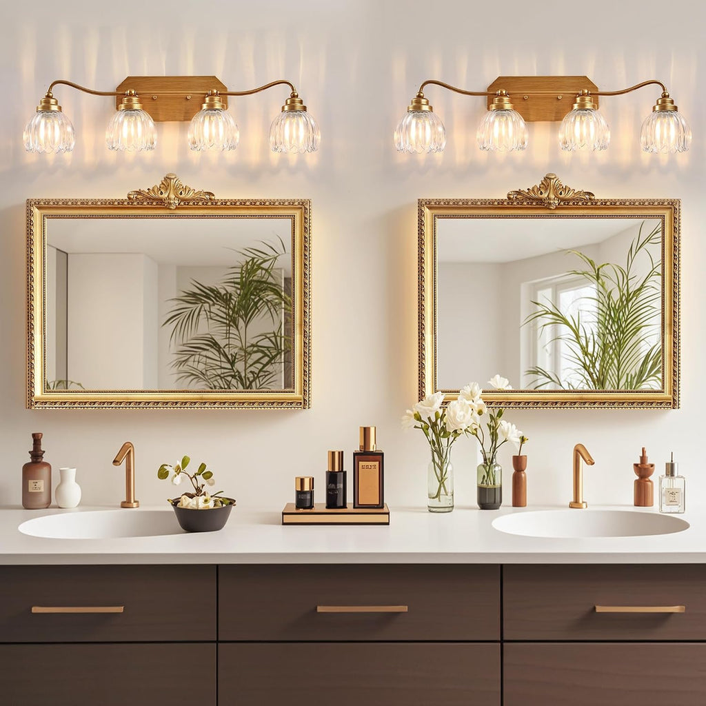 Vintage Bathroom Light Fixtures, 4 Light Gold Bathroom Vanity Light, Matte Antique Brass Finish with Crystal Glass Shade, Wall Sconces Lighting for Bedroom, Living Room, Hallway