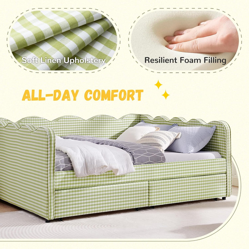 DEINPPA Queen Size Upholstered Daybed with 2 Storage Drawers, Gingham Daybed with USB Ports for Bedroom Living Room Guest Room-Green