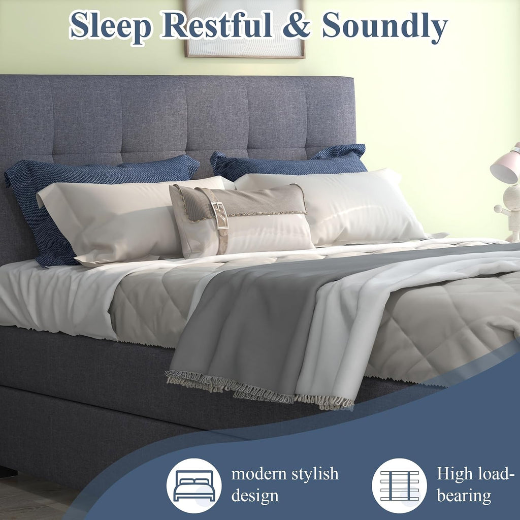 civama Full Bed with Trundle, Upholstered Full Over Twin Pull Out Platform Bed with Soft Linen Headboard & Wooden Slat Support for Bedroom Apartment, No Box Spring Needed, Grey