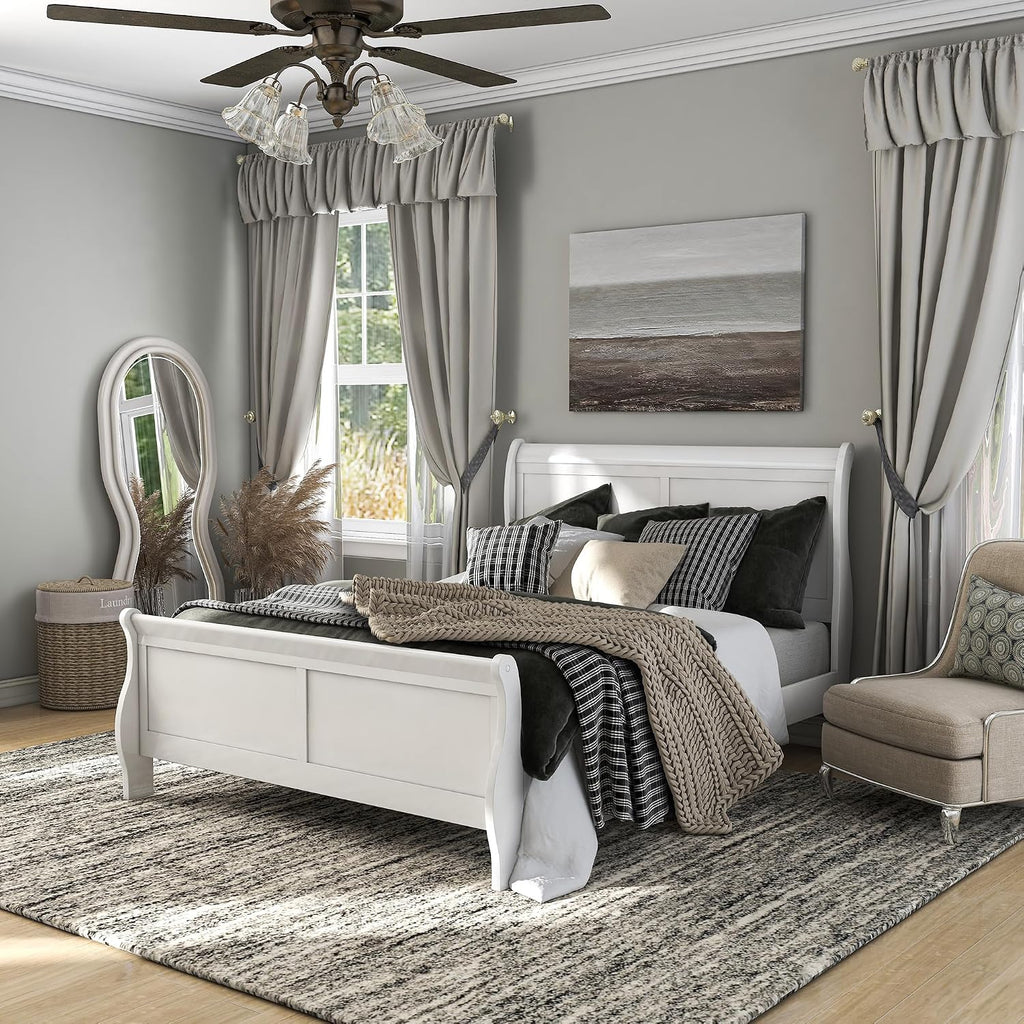 Furniture of America Louis Philippe Traditional Wood Bed Frame with Headboard and Footboard, Elegant Sleigh Design Bedframe for Bedroom, Guest Room, Easy Assembly, Box Spring Required, Queen, White