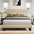 iPormis Full Size Bed Frame, Upholstered Platform Bed with Vertical Linen Headboard, Wide Bed Legs and Strong Wood Slats Support, No Box Spring Needed, Easy Assembly, Noise Free, Beige
