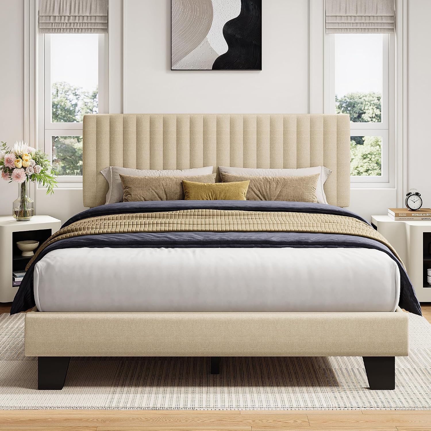 iPormis Full Size Bed Frame, Upholstered Platform Bed with Vertical Linen Headboard, Wide Bed Legs and Strong Wood Slats Support, No Box Spring Needed, Easy Assembly, Noise Free, Beige
