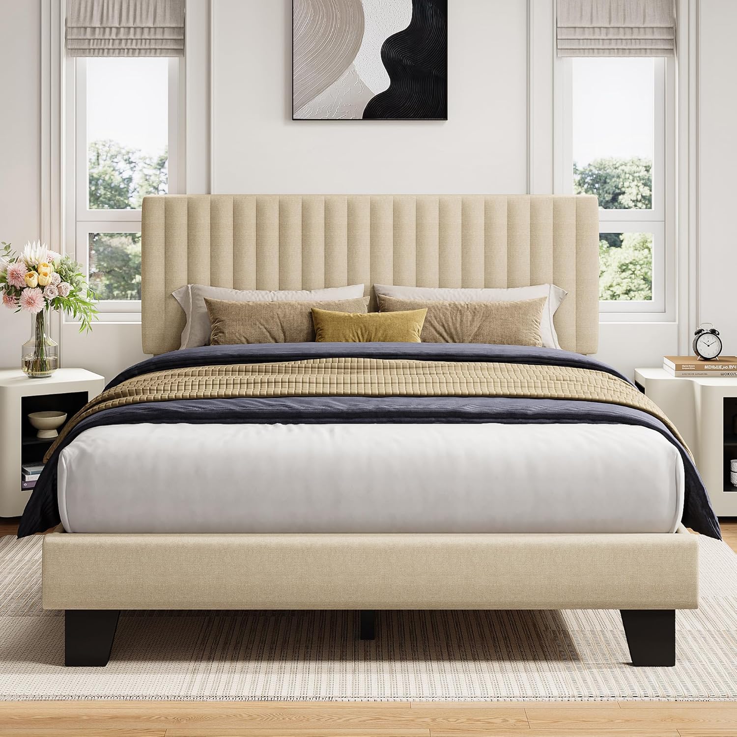 iPormis Queen Size Bed Frame, Upholstered Platform Bed with Vertical Linen Headboard, Wide Bed Legs and Strong Wood Slats Support, No Box Spring Needed, Easy Assembly, Noise Free, Beige
