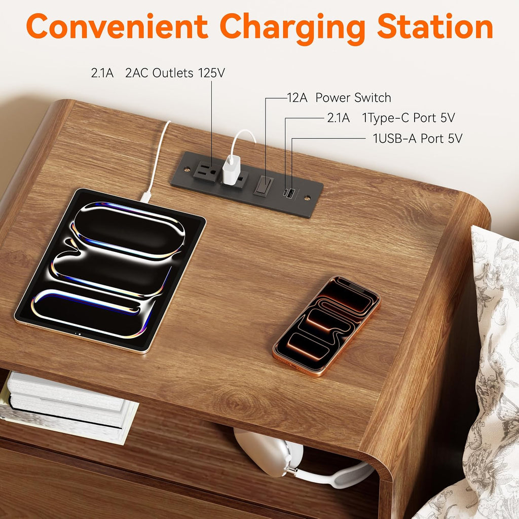 23.8' Modern Nightstand with Hidden Drawers Walnut Night Stand with Charger Station Mid Century Bedside Table Curved Wood Side Table for Bedroom Dorm