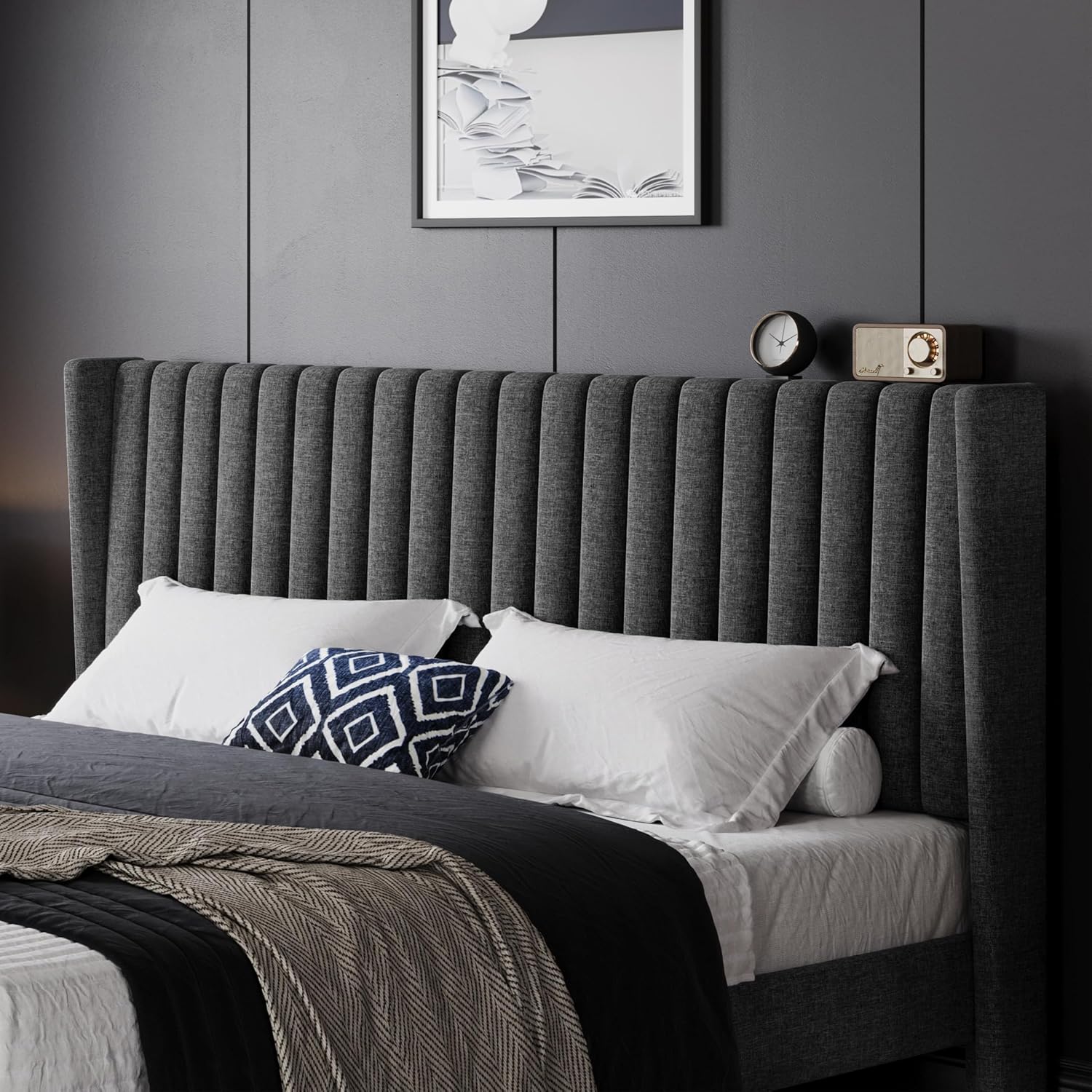 Yaheetech King Bed Frame Upholstered Platform Bed with Fabric Headboard, Wing Edge Design/Non-Slip and Noise-Free/Wooden Slats Support/No Box Spring Needed/Easy Assembly, Dark Gray King Bed