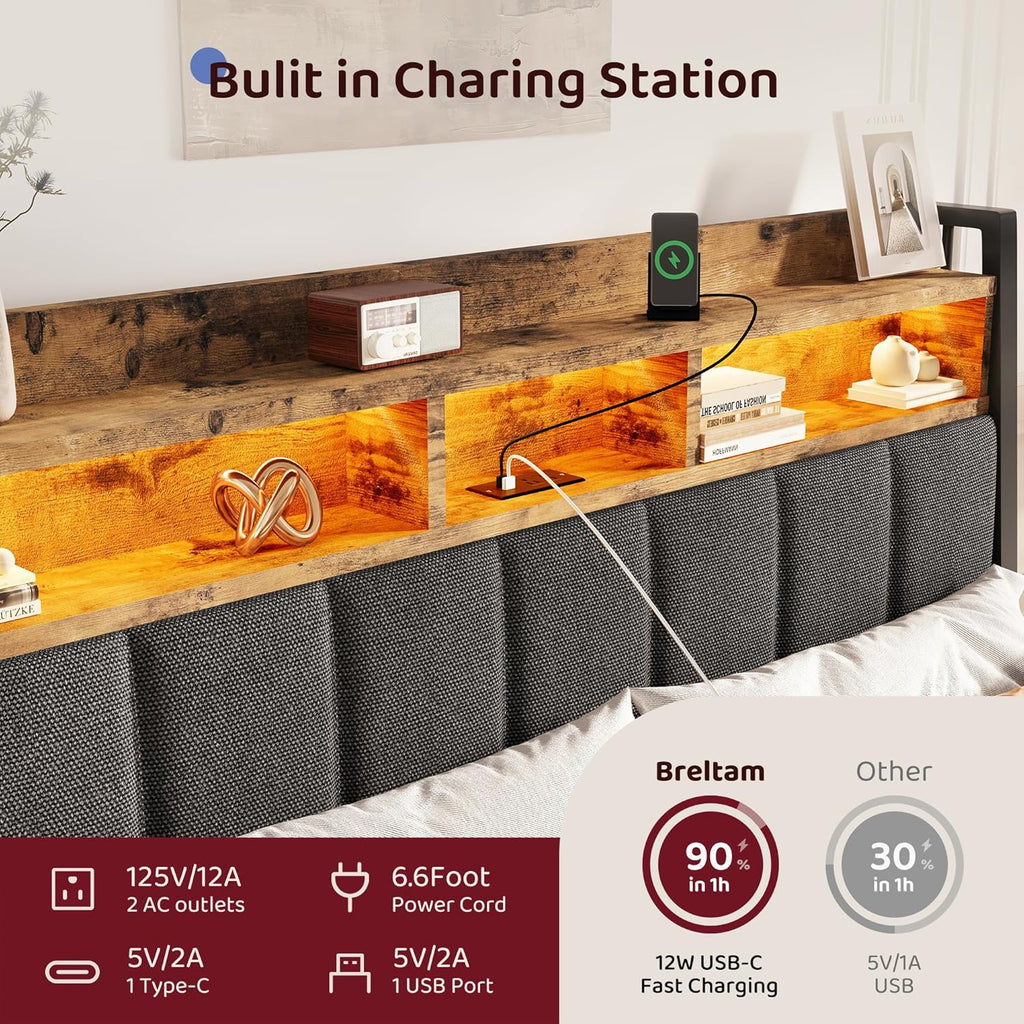 BRELTAM King Size Bed Frame with 2 Storage Drawers, Wood Platform Bed Frame with 2-Tier Storage Headboard Built in Charging Station & LED Light,Noise-Free/Metal Support/No Box Spring Needed,Brown