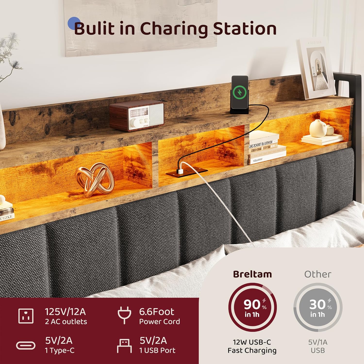 BRELTAM King Size Bed Frame with 2 Storage Drawers, Wood Platform Bed Frame with 2-Tier Storage Headboard Built in Charging Station & LED Light,Noise-Free/Metal Support/No Box Spring Needed,Brown