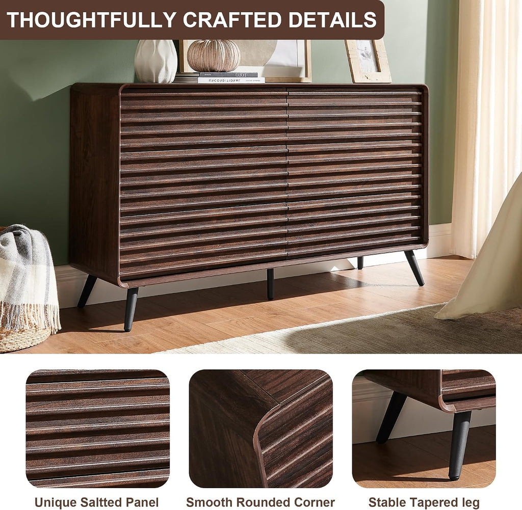 RedLemon 6 Drawers Dresser for Bedroom, 54'' Wide Mid Century Modern Wood Fluted Double Dresser, Chest of Drawers with Tapered Leg for Bedroom, Living Room, Hallway, Closet, Dark Walnut
