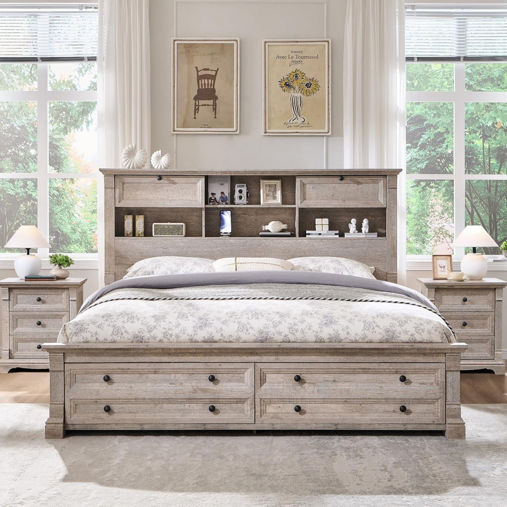 T4TREAM Farmhouse Queen Size Bed Frame with 54' Tall Storage Bookcase Headboard, Wood Platform Bed Frame with 18' Roman Column Decoration Footboard & 2 Drawers, No Box Spring Needed(Light Rustic Oak)