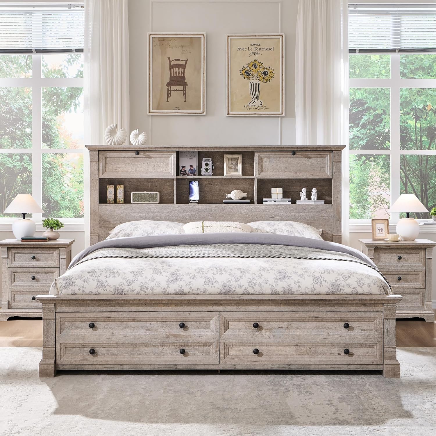T4TREAM Farmhouse Queen Size Bed Frame with 54' Tall Storage Bookcase Headboard, Wood Platform Bed Frame with 18' Roman Column Decoration Footboard & 2 Drawers, No Box Spring Needed(Light Rustic Oak)