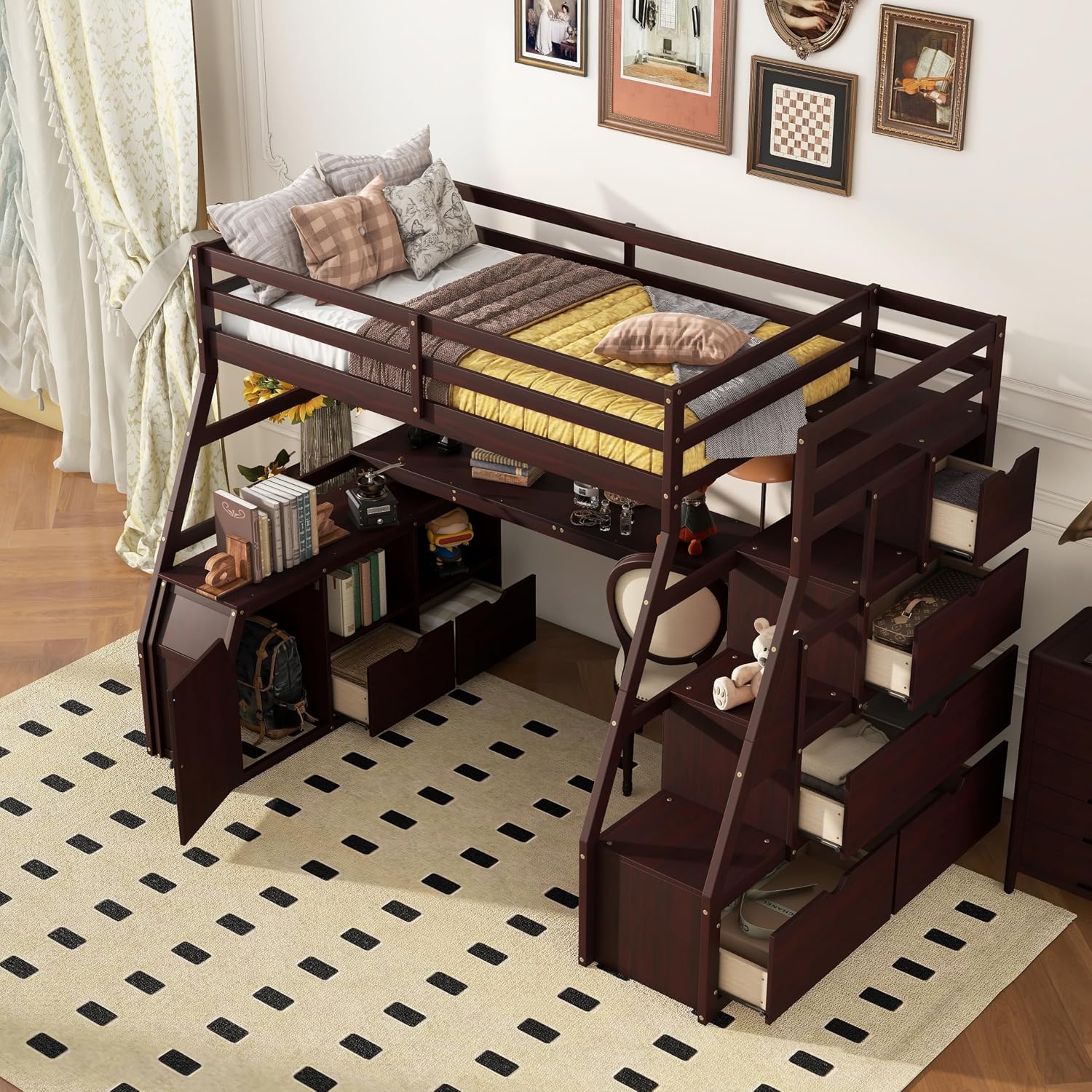 Bellemave Twin Size Loft Bed with Stairs and Desk, Wood Loft Beds with Cabinet and 7 Drawers, High Loft Bed Frame with Shelves and Step for Kids, Teen, Boys, Girls, Espresso