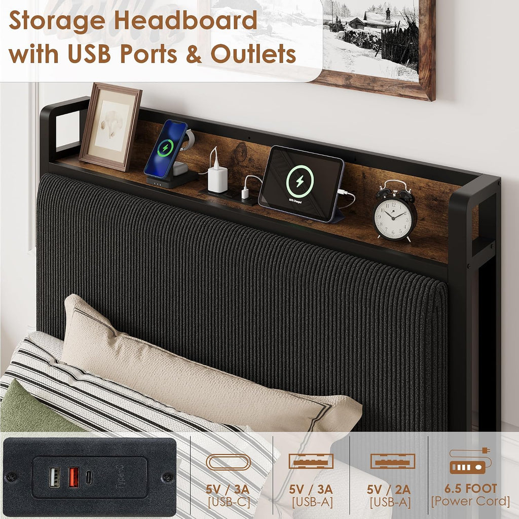GAOMON Twin Size Bed Frame with 2 Storage Drawers and Charging Station, Rustic Velvet Upholstered Platform Bedframe with Storage Headboard, No Box Spring Needed, Easy Assembly, Noise Free, Black
