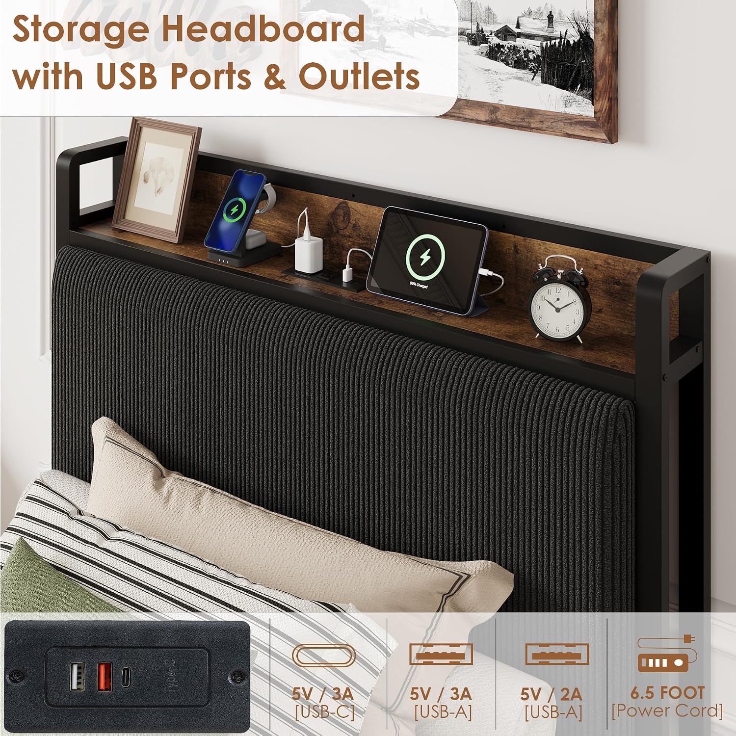 GAOMON Twin Size Bed Frame with 2 Storage Drawers and Charging Station, Rustic Velvet Upholstered Platform Bedframe with Storage Headboard, No Box Spring Needed, Easy Assembly, Noise Free, Black