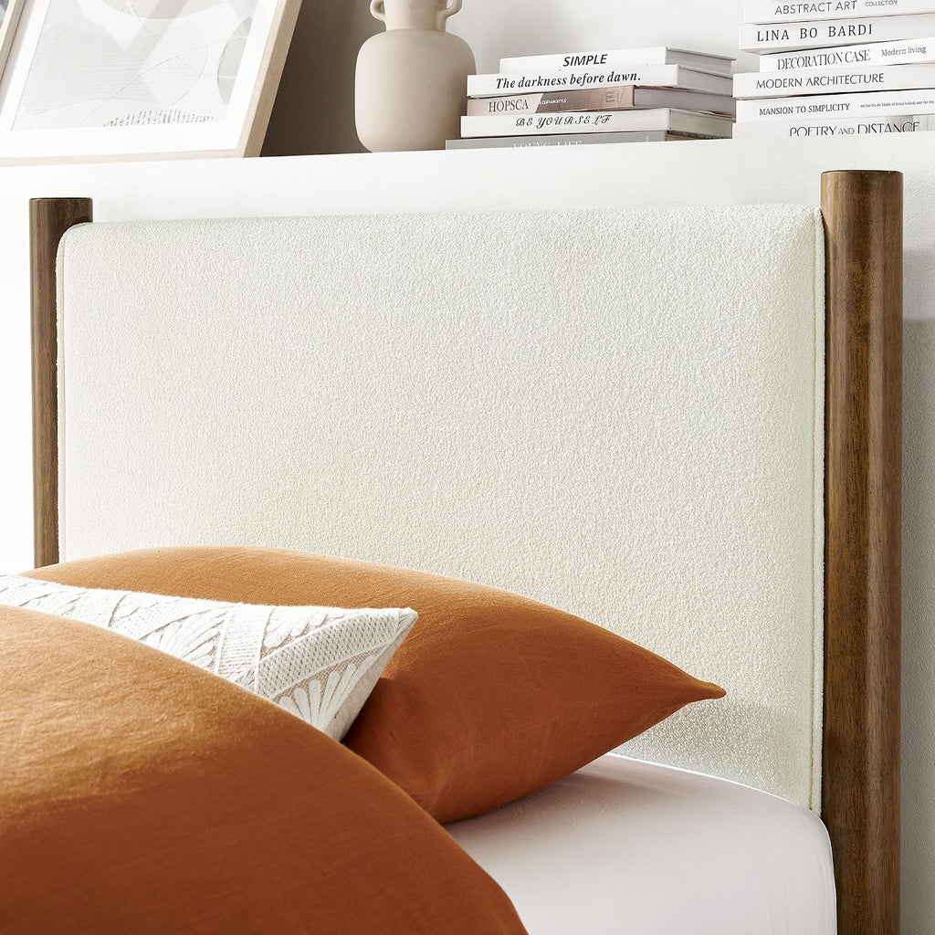 Modway Maven Twin Size Bed Frame in Feather Walnut with Upholstered Boucle Headboard and Footboard – Wood Twin Platform Bed Frame – No Box Spring Needed
