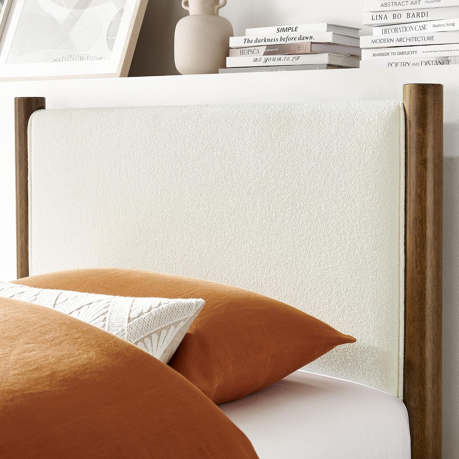 Modway Maven Twin Size Bed Frame in Feather Walnut with Upholstered Boucle Headboard and Footboard – Wood Twin Platform Bed Frame – No Box Spring Needed