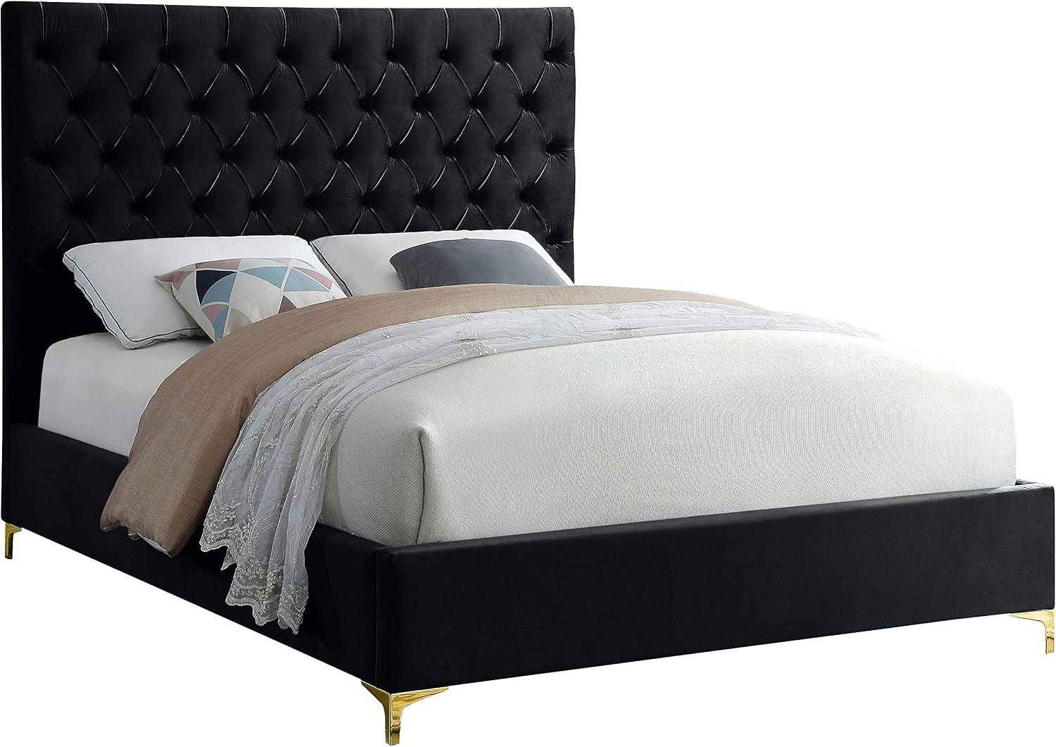 Meridian Furniture Cruz Collection Modern | Contemporary Velvet Upholstered Bed with Deep Button Tufting and Complete Sets of Gold and Chrome Legs Included, King, Black
