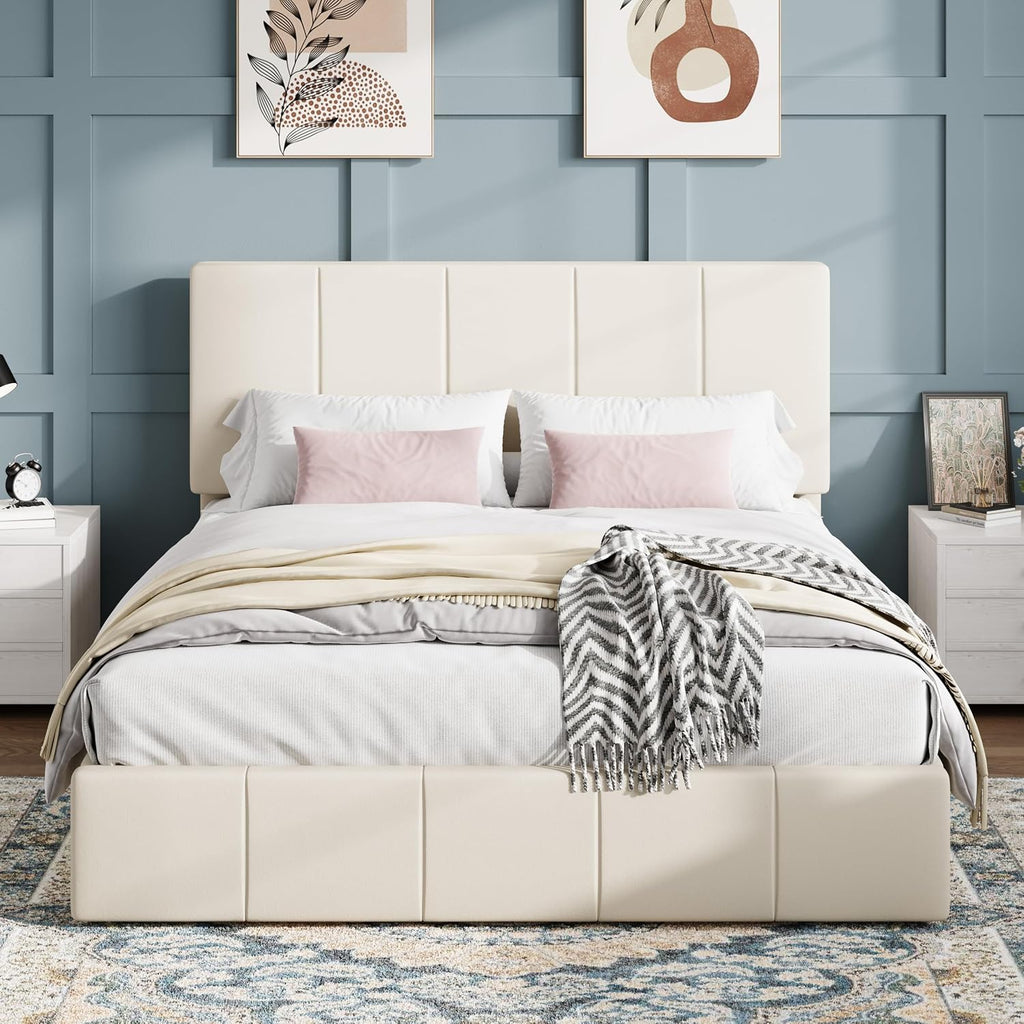 SHA CERLIN Full Size Bed Frame, Dutch Velvet Upholstered Platform Bed, Vertical Channel Tufted Adjustable Headboard, Low Profile Bed Frame, No Box Spring Needed, Easy Assembly, Cream