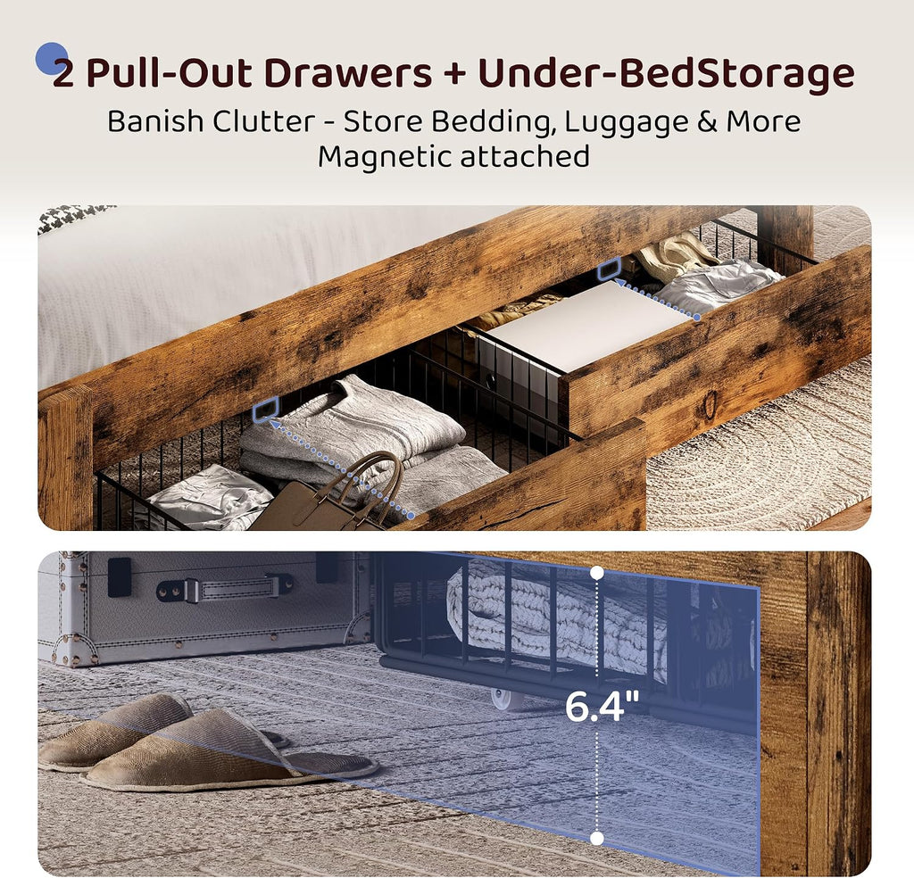 BRELTAM King Size Bed Frame with 2 Storage Drawers, Wood Platform Bed Frame with 2-Tier Storage Headboard Built in Charging Station & LED Light,Noise-Free/Metal Support/No Box Spring Needed,Brown