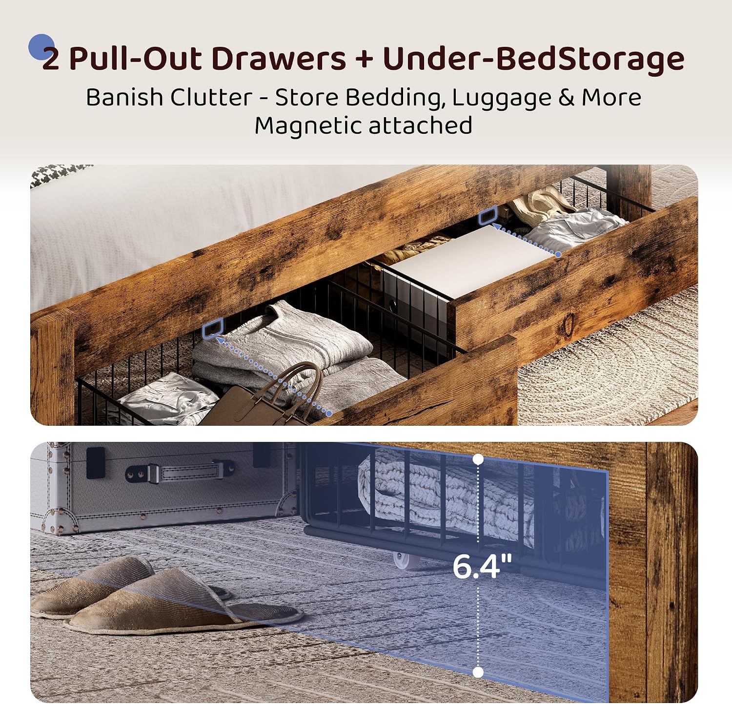 BRELTAM King Size Bed Frame with 2 Storage Drawers, Wood Platform Bed Frame with 2-Tier Storage Headboard Built in Charging Station & LED Light,Noise-Free/Metal Support/No Box Spring Needed,Brown