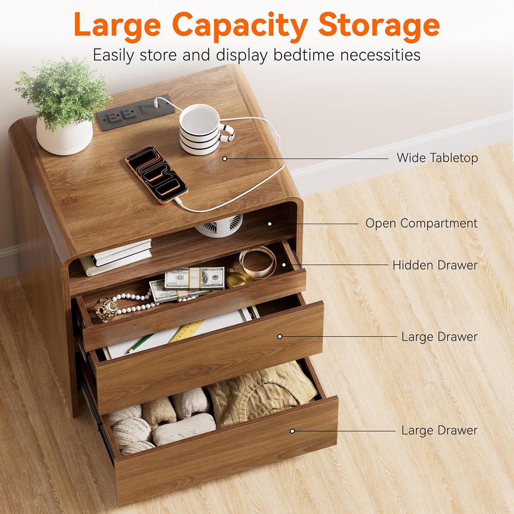 Modern Nightstand Set of 2 23.8' Walnut Nightstands with Hidden Drawers Wood Modern Bedside Table Curved Profile Night Stands for Bedrooms Set of 2