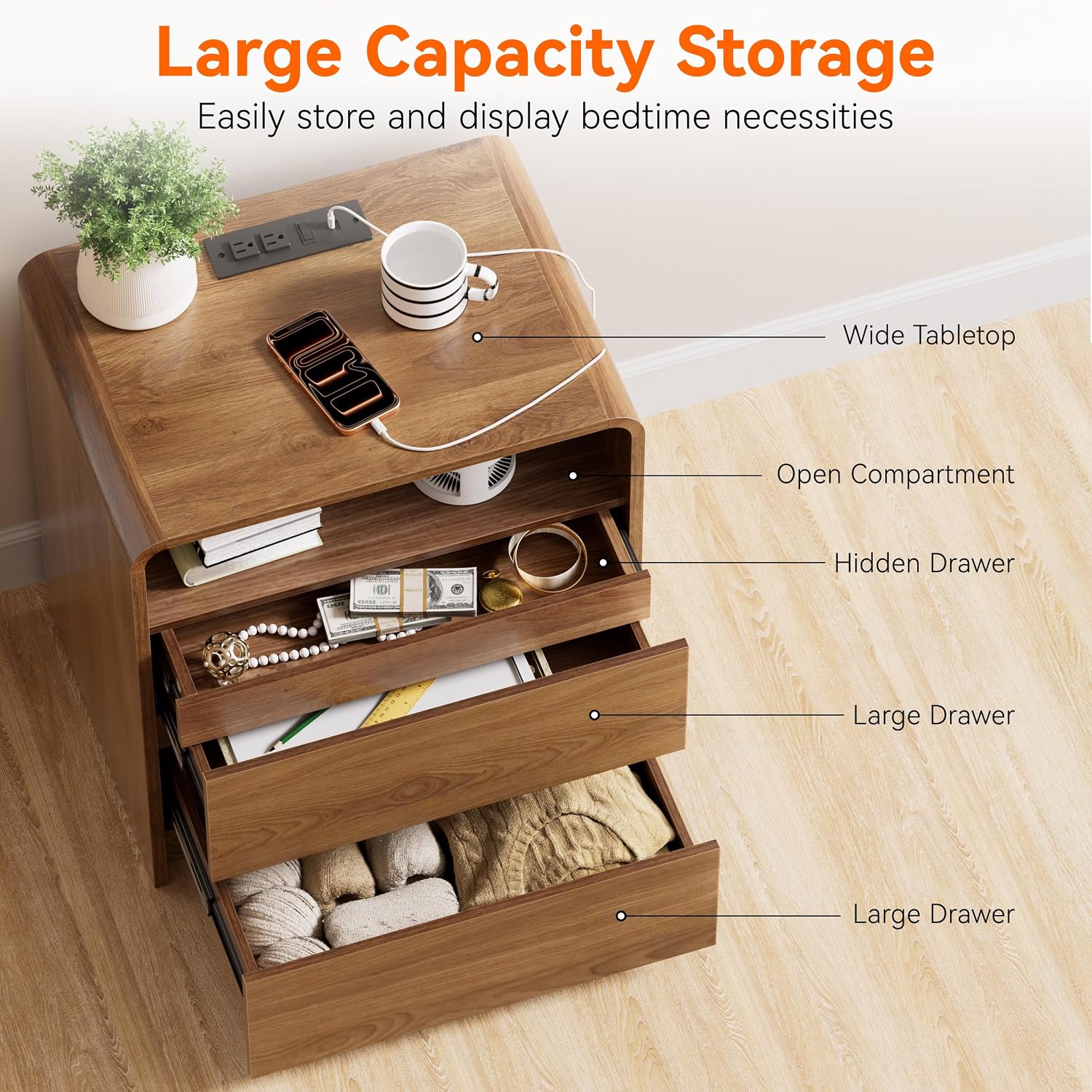 Modern Nightstand Set of 2 23.8' Walnut Nightstands with Hidden Drawers Wood Modern Bedside Table Curved Profile Night Stands for Bedrooms Set of 2
