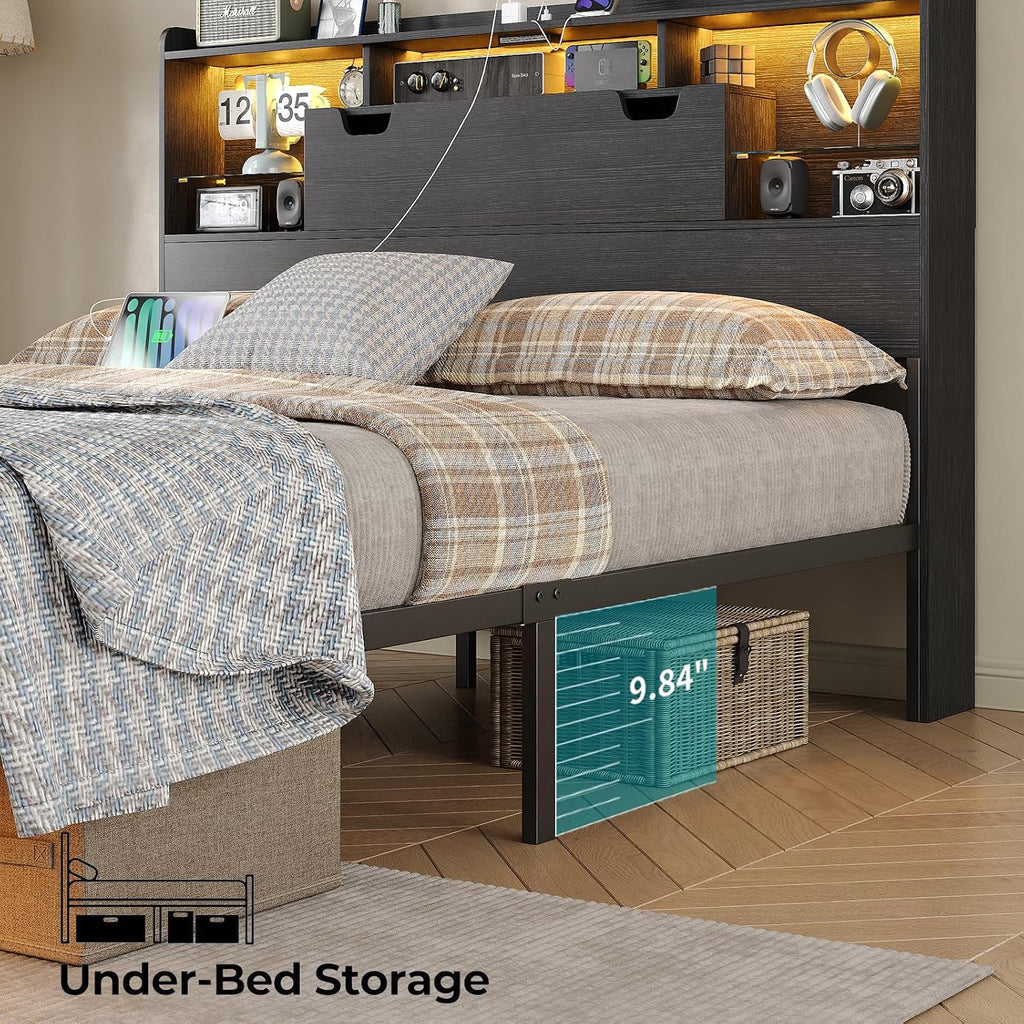 Queen Size Bed Frame with RGB LED Lights & Charging Station, Heavy-Duty Metal Platform Bed with Wood Storage Headboard for Teens & Adults, No Box Spring Needed, Noise-Free, Black