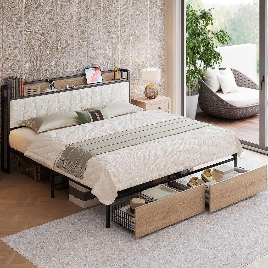 LIKIMIO King Size Bed Frame, Storage Headboard with Charging Station, Platform Bed with Drawers, No Box Spring Needed, Easy Assembly, Wood and Cream
