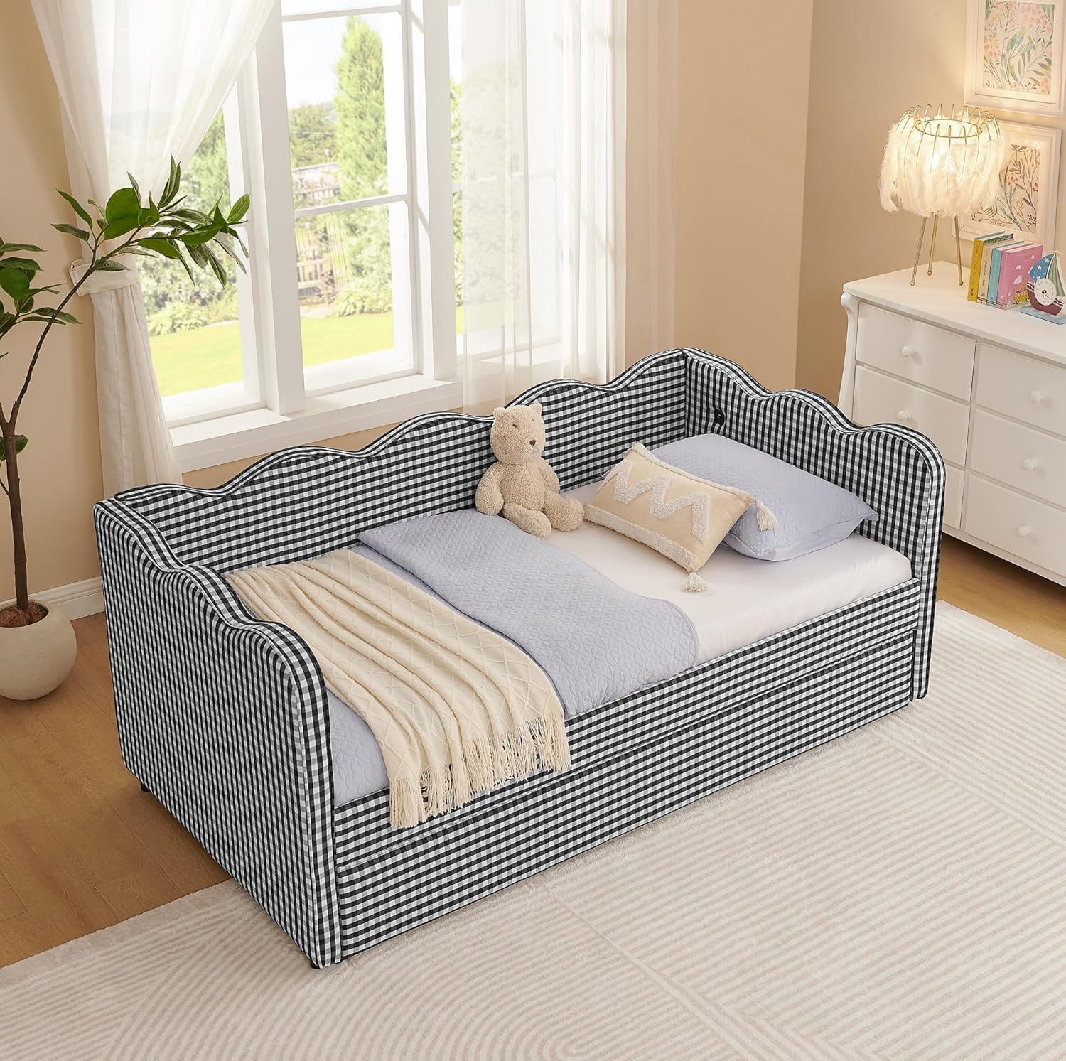 DEINPPA Twin Size Upholstered Daybed with Trundle, Gingham Daybed with USB Ports for Bedroom Living Room Guest Room-Black