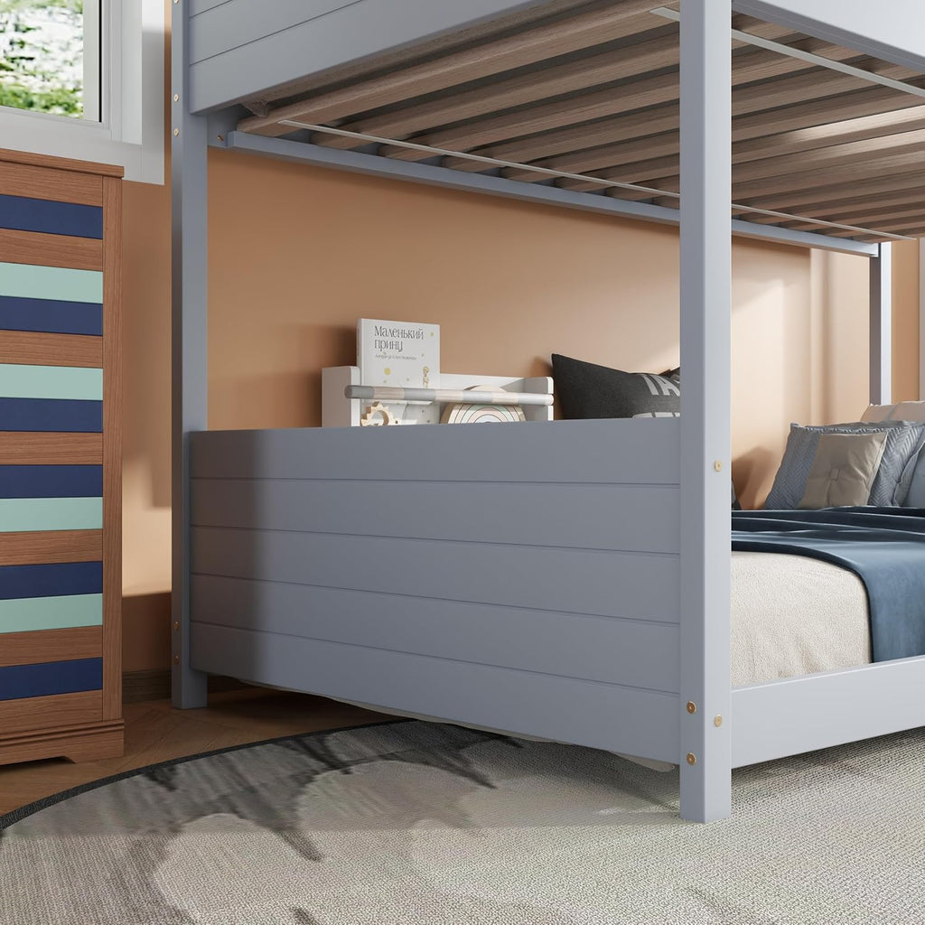 Bellemave Twin Over Twin Bunk Bed, Wooden House Bunk Bed with Ladder and Guardrail for Bedroom, Dormitory, Floor Bunk Beds with Headboard and Footboard for Kids, Teens, No Box Spring Needed, Grey