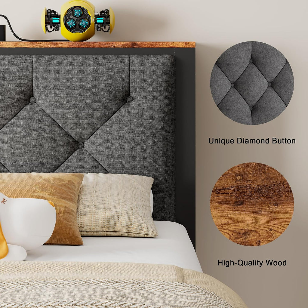 Einhomn Twin Bed Frame with Storage Drawer, Metal Platform Bed with Charging Station, Upholstered Button Tufted Storage Headboard, No Box Spring Needed, Noise-Free, Easy Assembly, Grey
