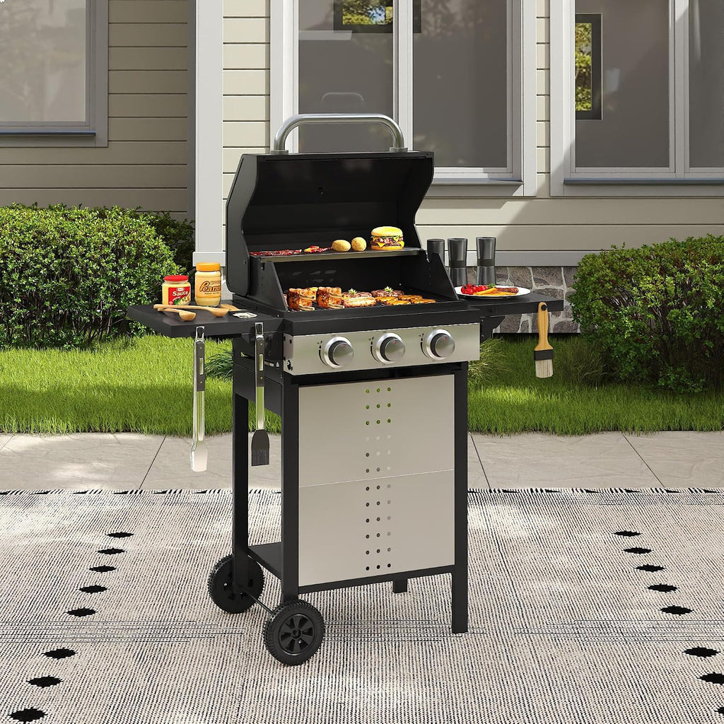 3 Burners Propane Gas Grill, Stainless Steel BBQ Grill with Porcelain-Enameled Cast Iron Grates, 28,500 BTU Outdoor Patio Barbeque Grill with 2 Foldable Side Tables for Party, Camping, Backyard