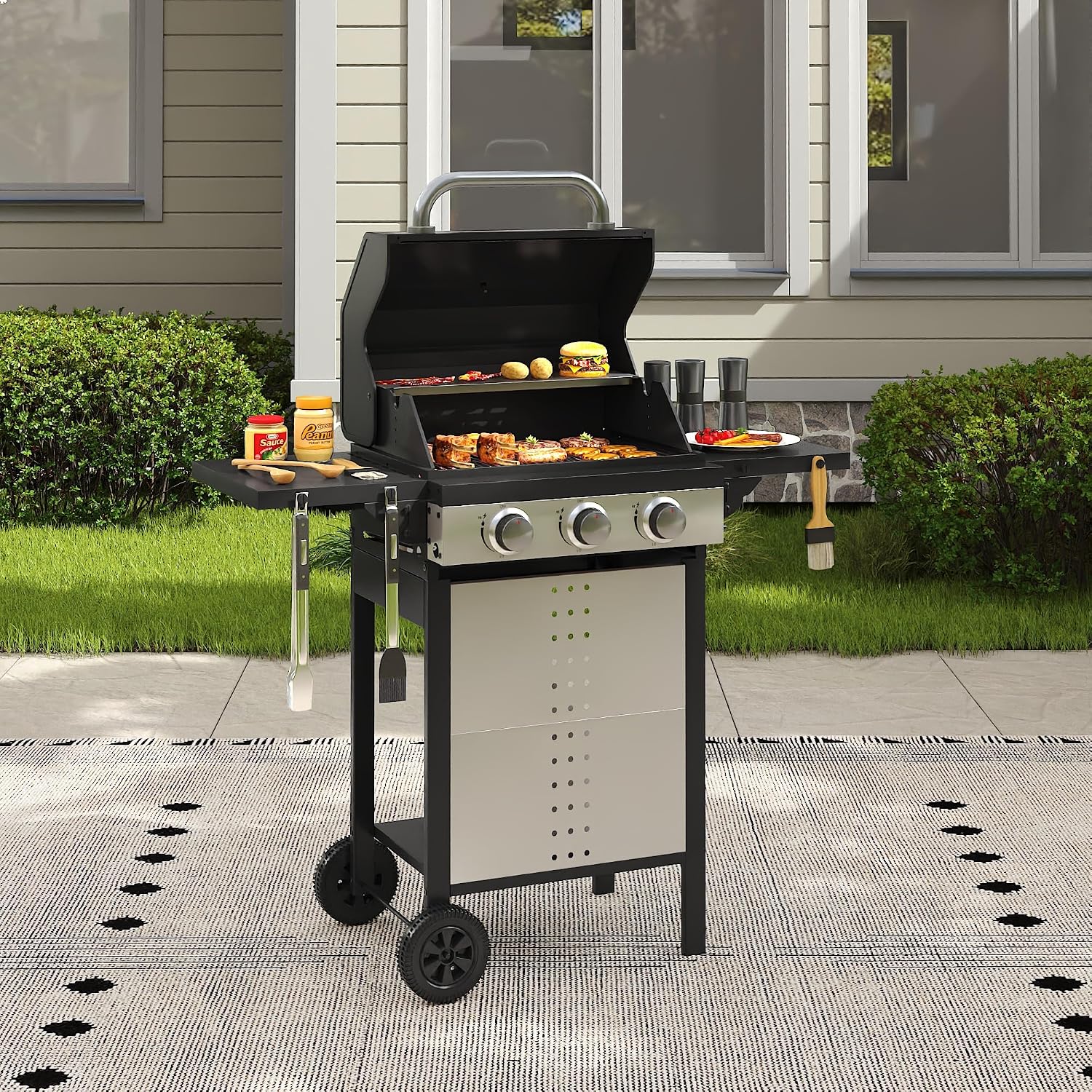3 Burners Propane Gas Grill, Stainless Steel BBQ Grill with Porcelain-Enameled Cast Iron Grates, 28,500 BTU Outdoor Patio Barbeque Grill with 2 Foldable Side Tables for Party, Camping, Backyard