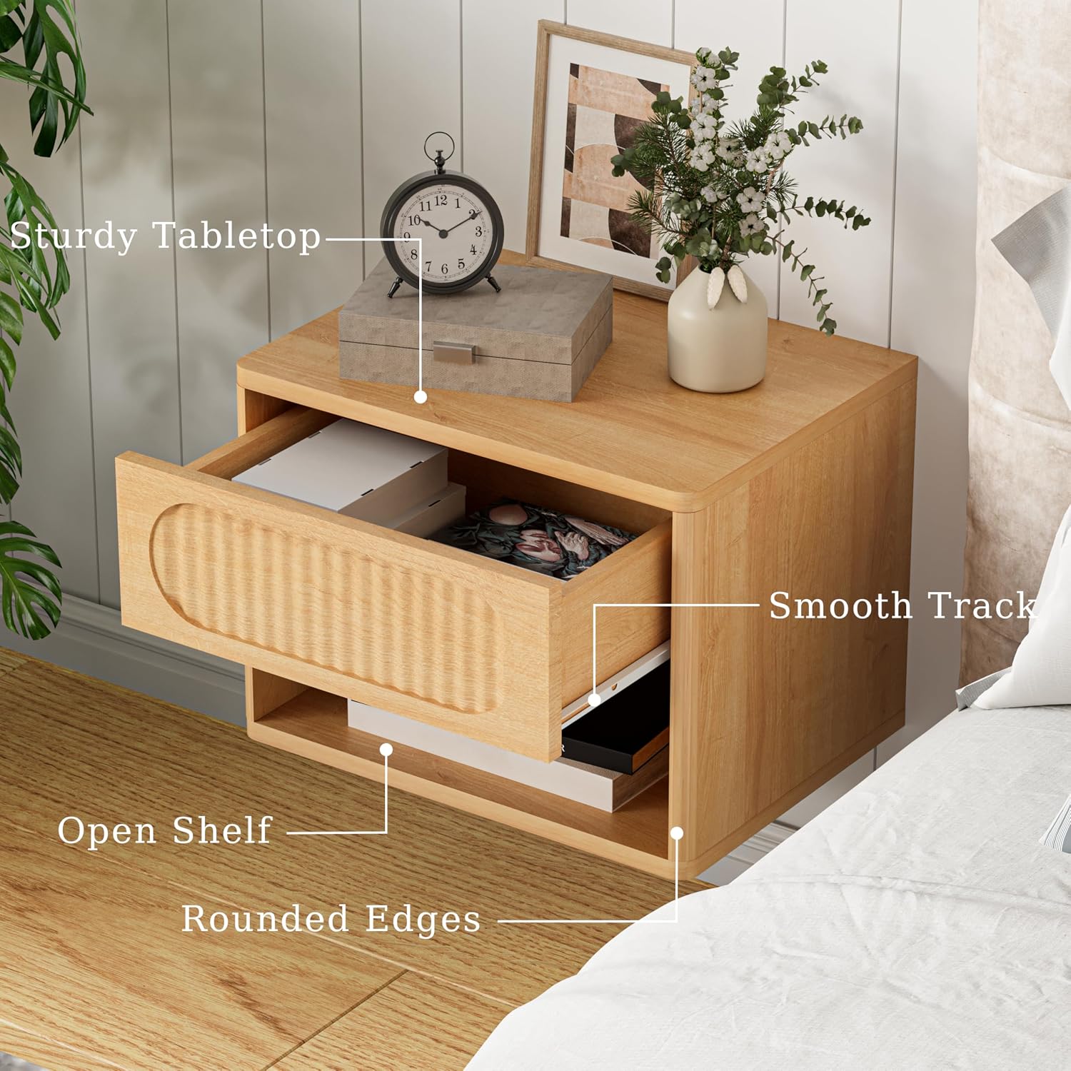 VDNEND Floating Nightstands with Drawer Set of 2, Modern Wall Mounted Bedside Tables for Bedroom, Space Saving Storage Cabinets, Easy Install Hanging Shelf Night Stands for Small Spaces (Natural)