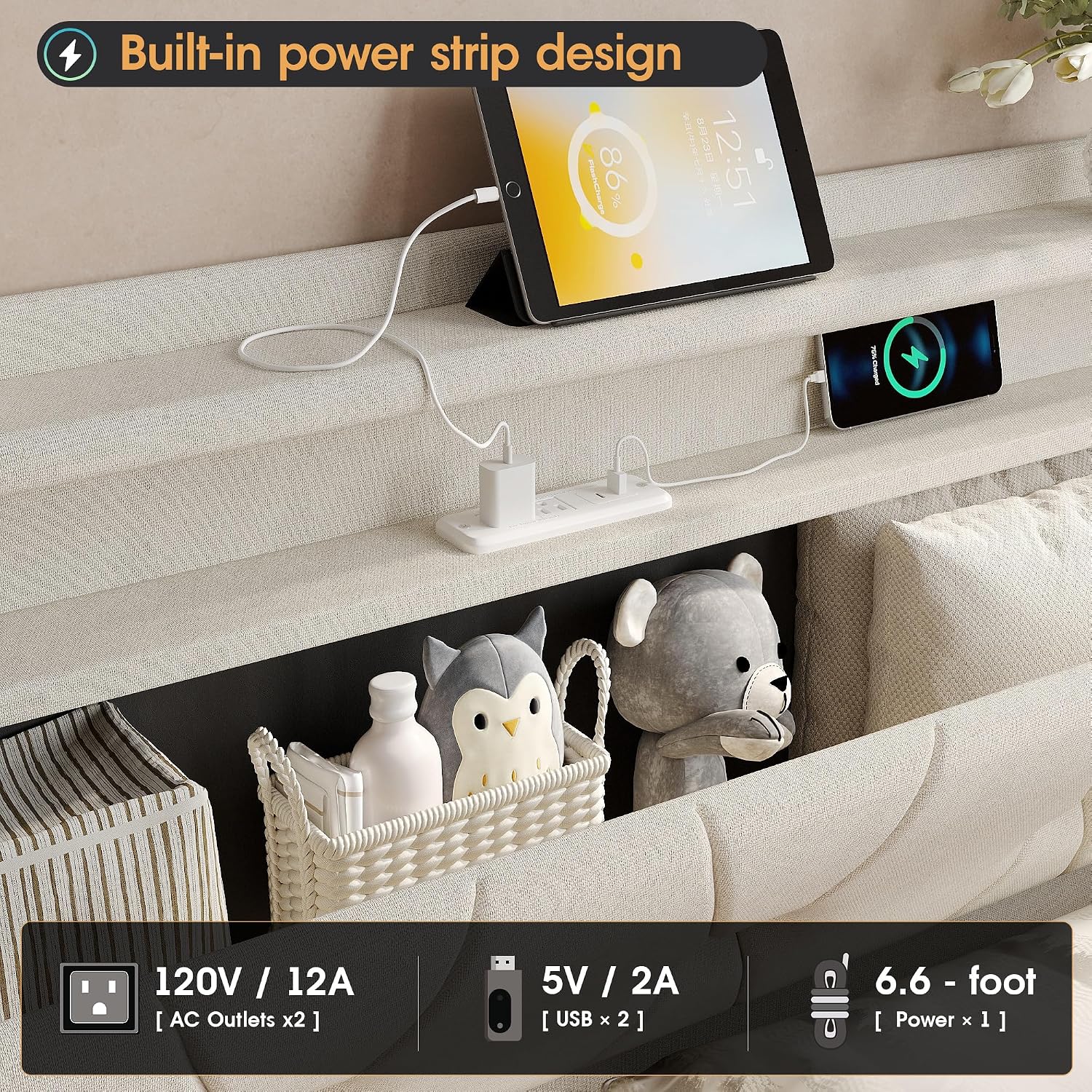 Fameill Full Size Lift Up Storage Bed Frame, Storage Headboard with Charging Station, LED Lights Upholstered Platform Bed, No Box Spring Needed, Noise-Free, Beige White