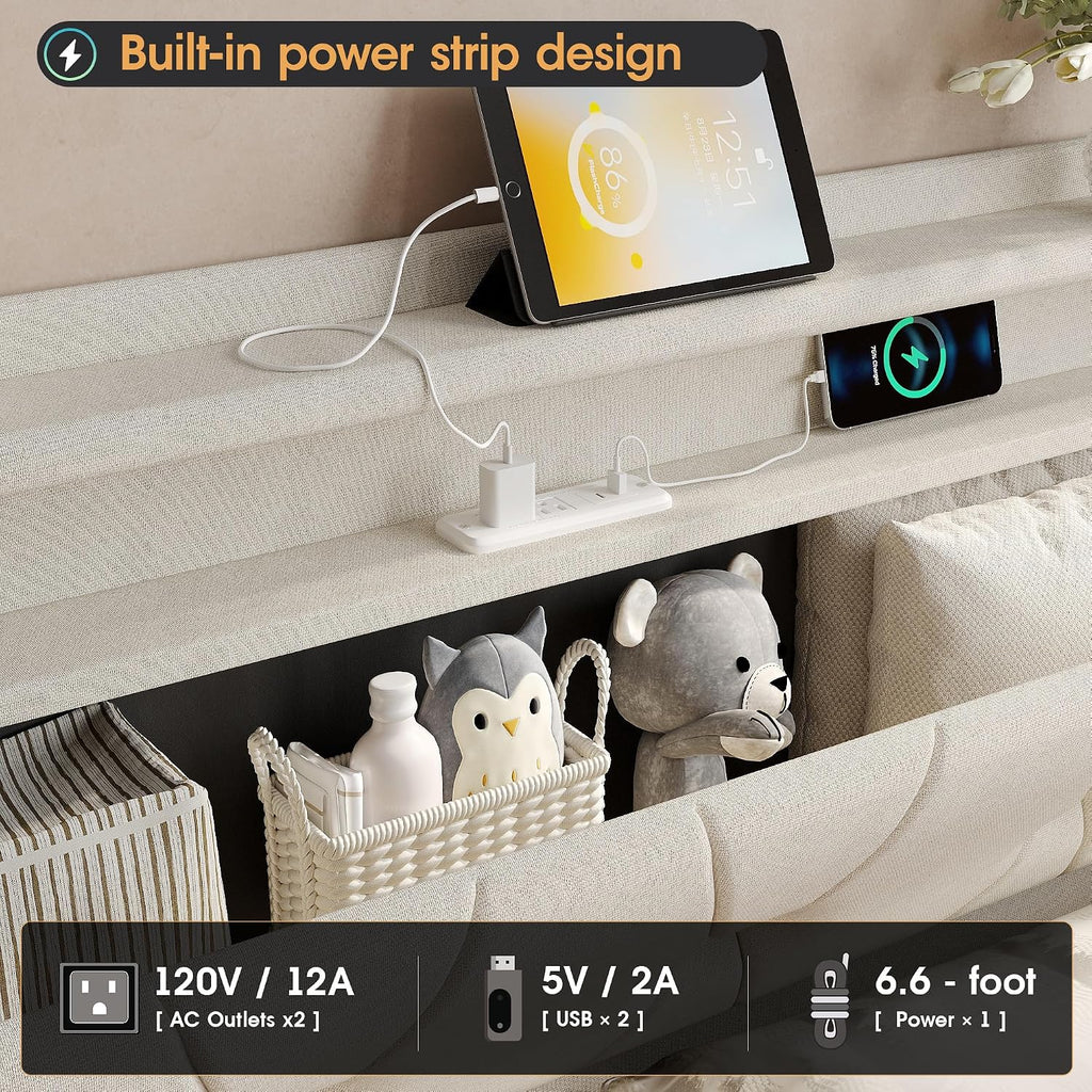 Fameill Queen Size Lift Up Storage Bed Frame, Storage Headboard with Charging Station, LED Lights Upholstered Platform Bed, No Box Spring Needed, Noise-Free, Beige White